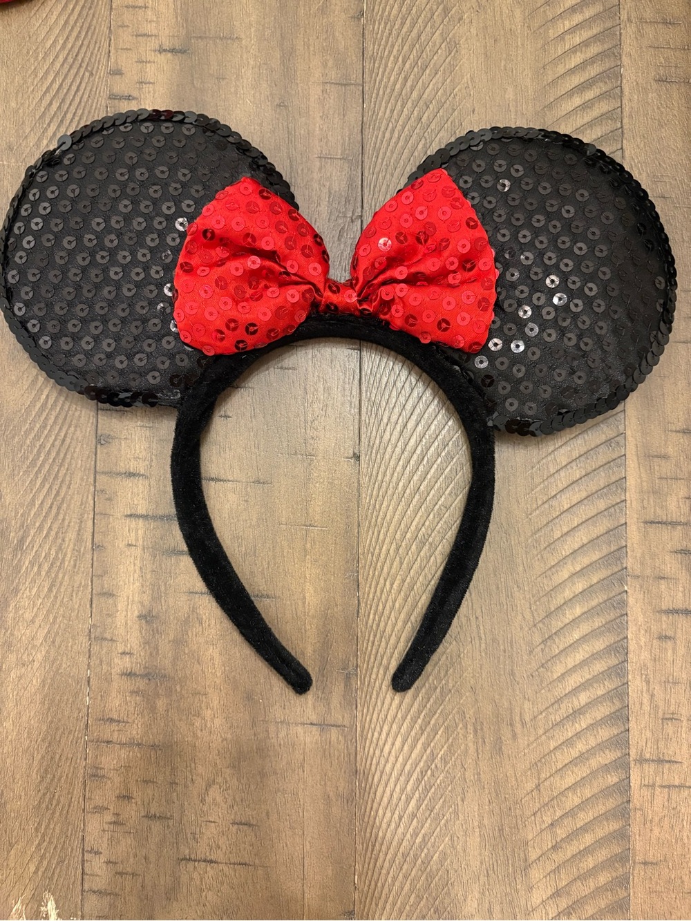 Disney Black Sequin Minnie Mouse Headband with Red Bow